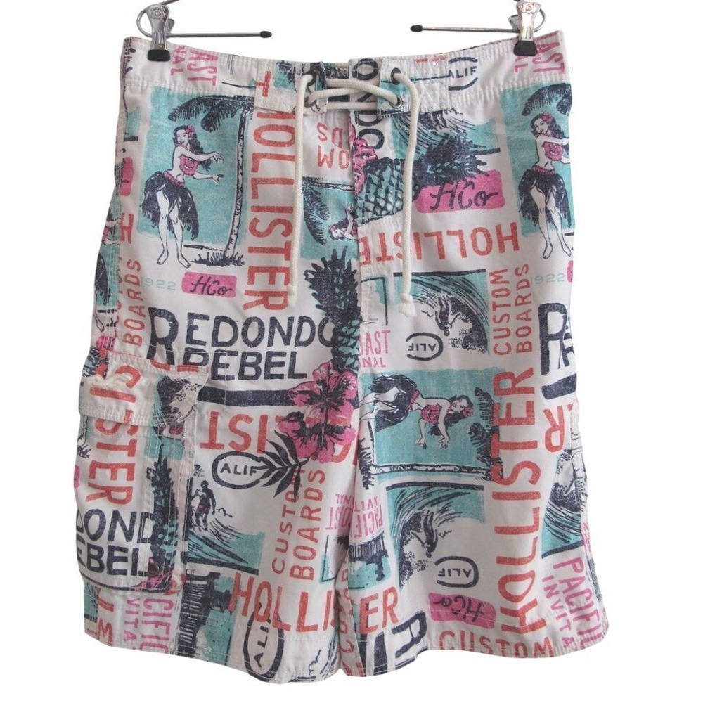 Hollister Mens White Hawaiian Hula Girl Board Shorts Swim Trunks Surf M Retro